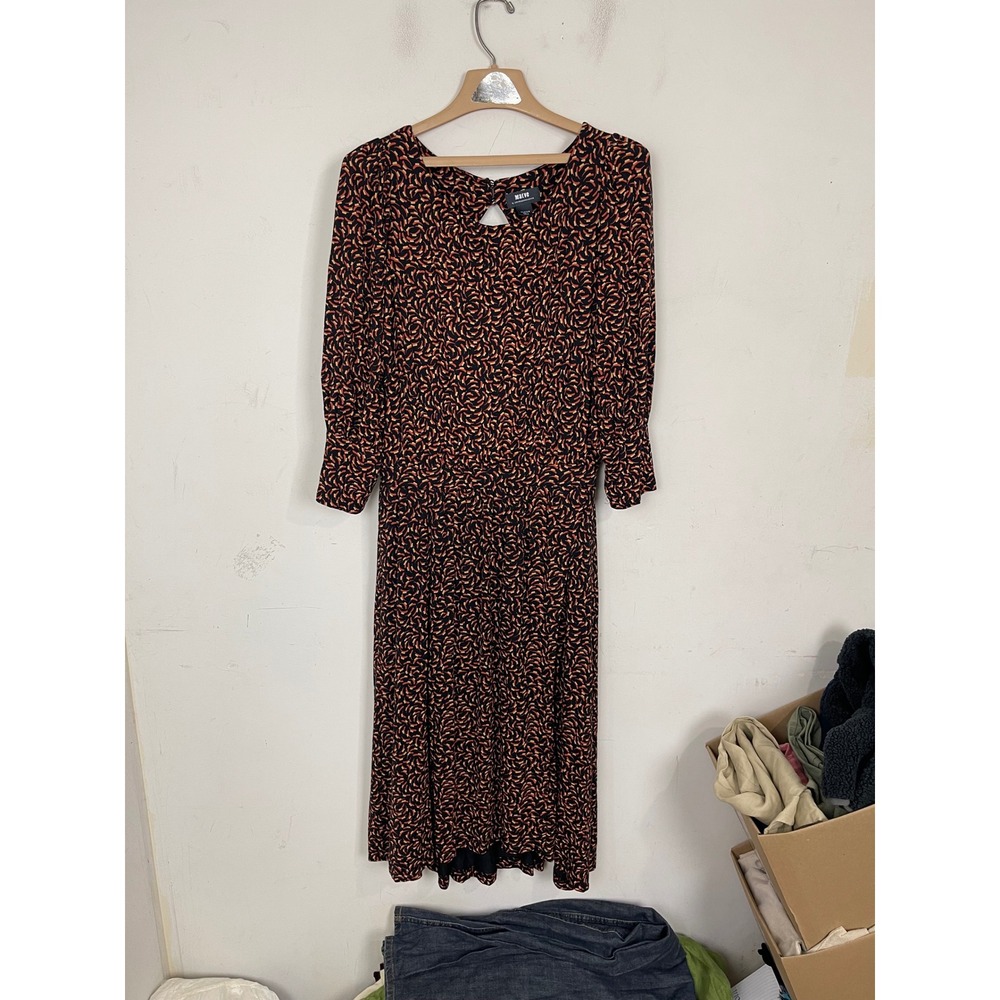 Maeve Anthropologie Womens Abstract Print Midi Dress Cutout Back Orange Black M